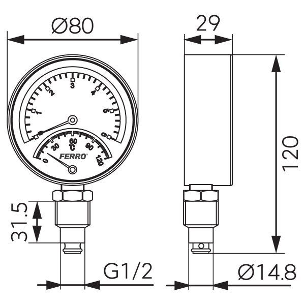 Termomanometru 80mm* 1/2" (0-120C/0-6bar) vertical Ferro TM80R — 2