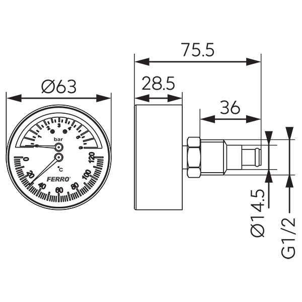 Termomanometru 63mm* 1/2" (0-120C/0-6bar) orizontal Ferro TM63A — 2