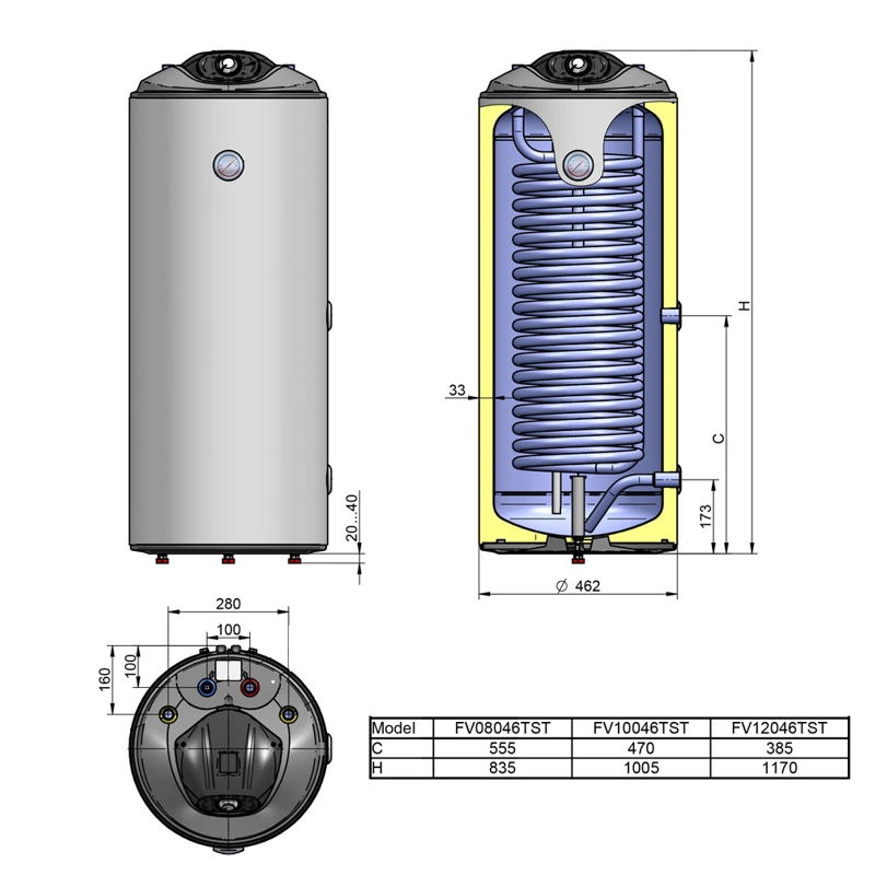 Бойлер Atlas с верхним подключением змеевика 120 L — 2