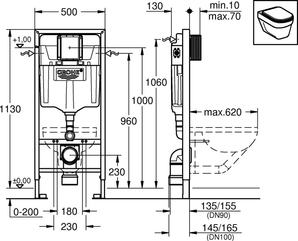 Rama pentru suspendarea WC Grohe (38745001) + buton rotund — 2